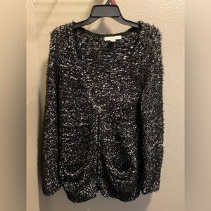 Love By Design Black & White Shaggy Knit Zip-Up Cardigan Sweater- Women’s Large